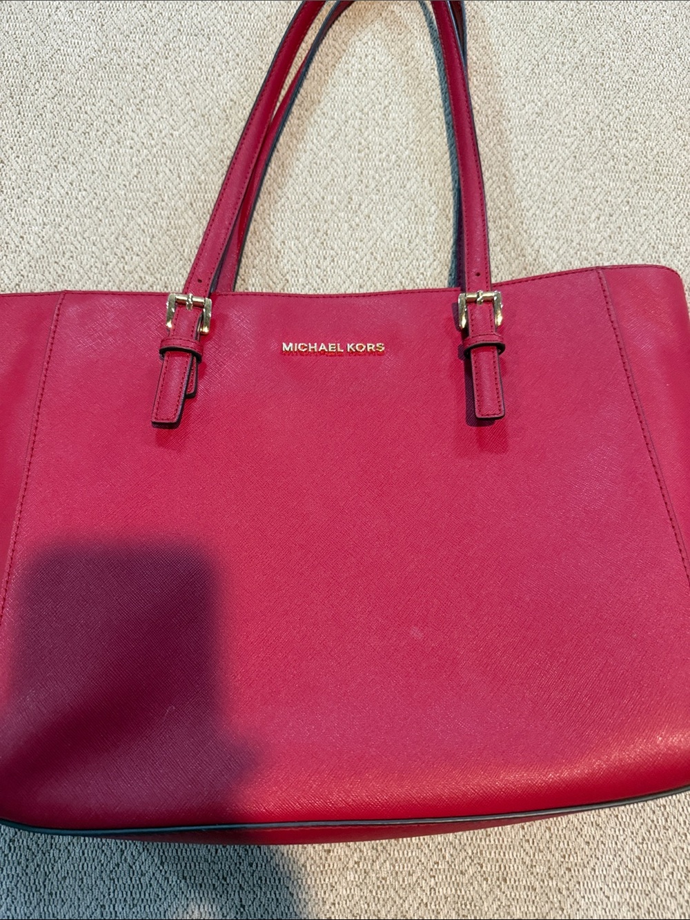 Michael Kors Red Saffiano Leather Tote with Gold Hardware